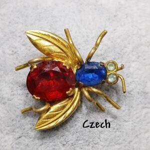 Czech Insect Fly Brooch Red Blue Rhinestones Brass 1930s Vintage Jewelry